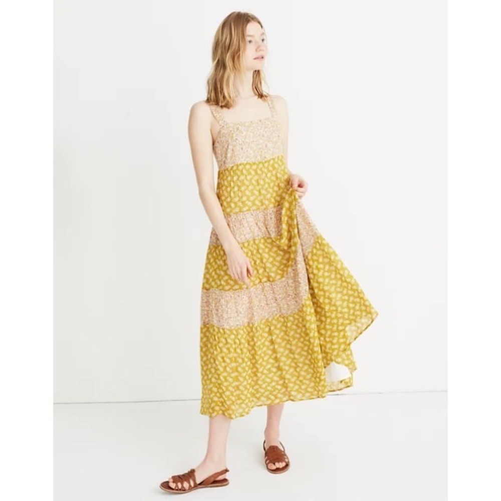 Madewell Tiered Print-Mix Midi Dress Jaipur Floral Tie Back XS